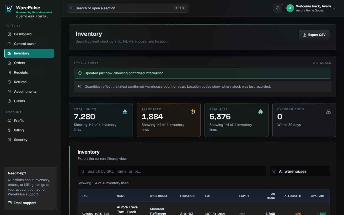 WarePulse customer inventory portal with confirmed stock, allocation, and available unit totals