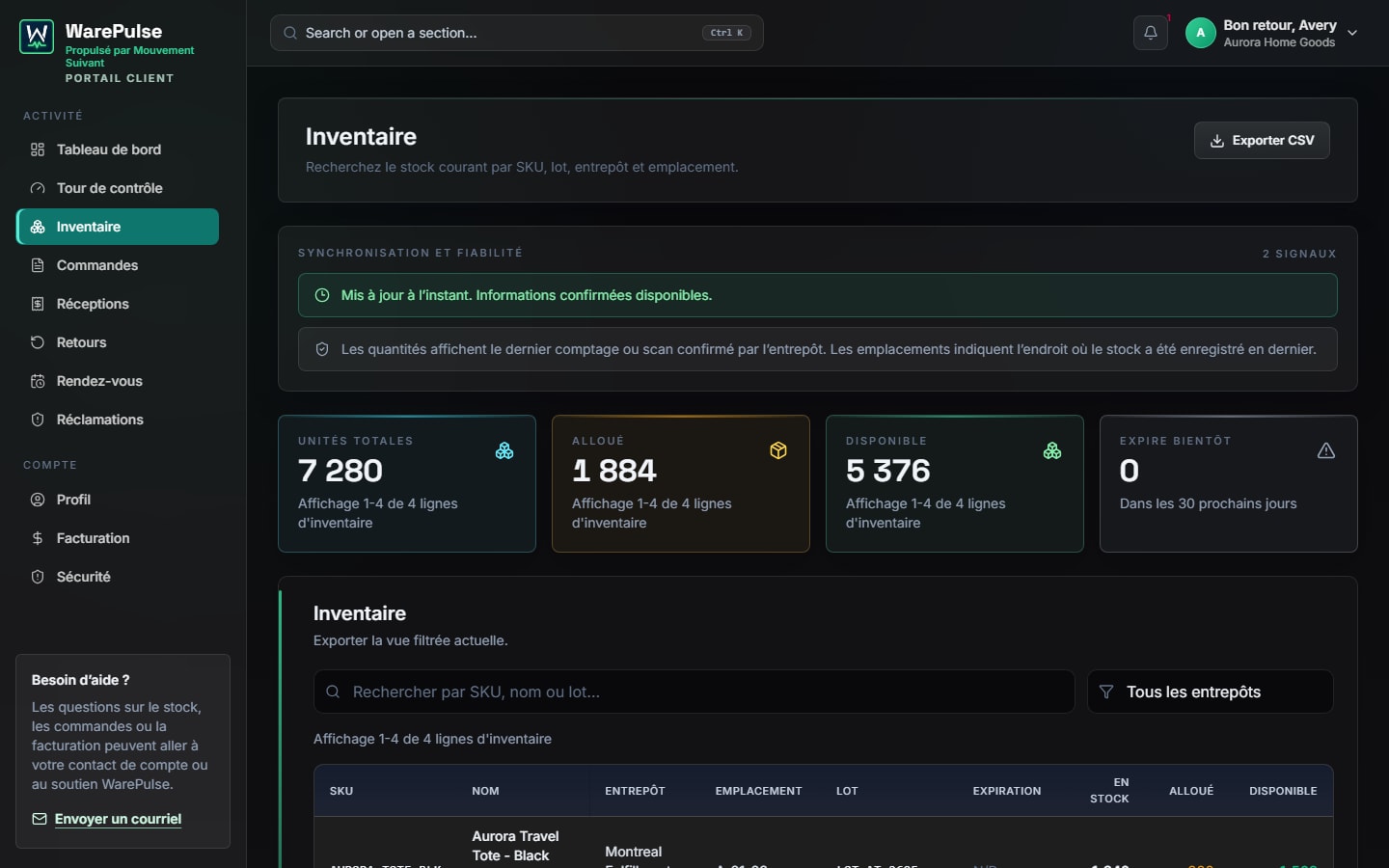 Portail inventaire client WarePulse avec stocks confirmés, allocations et unités disponibles