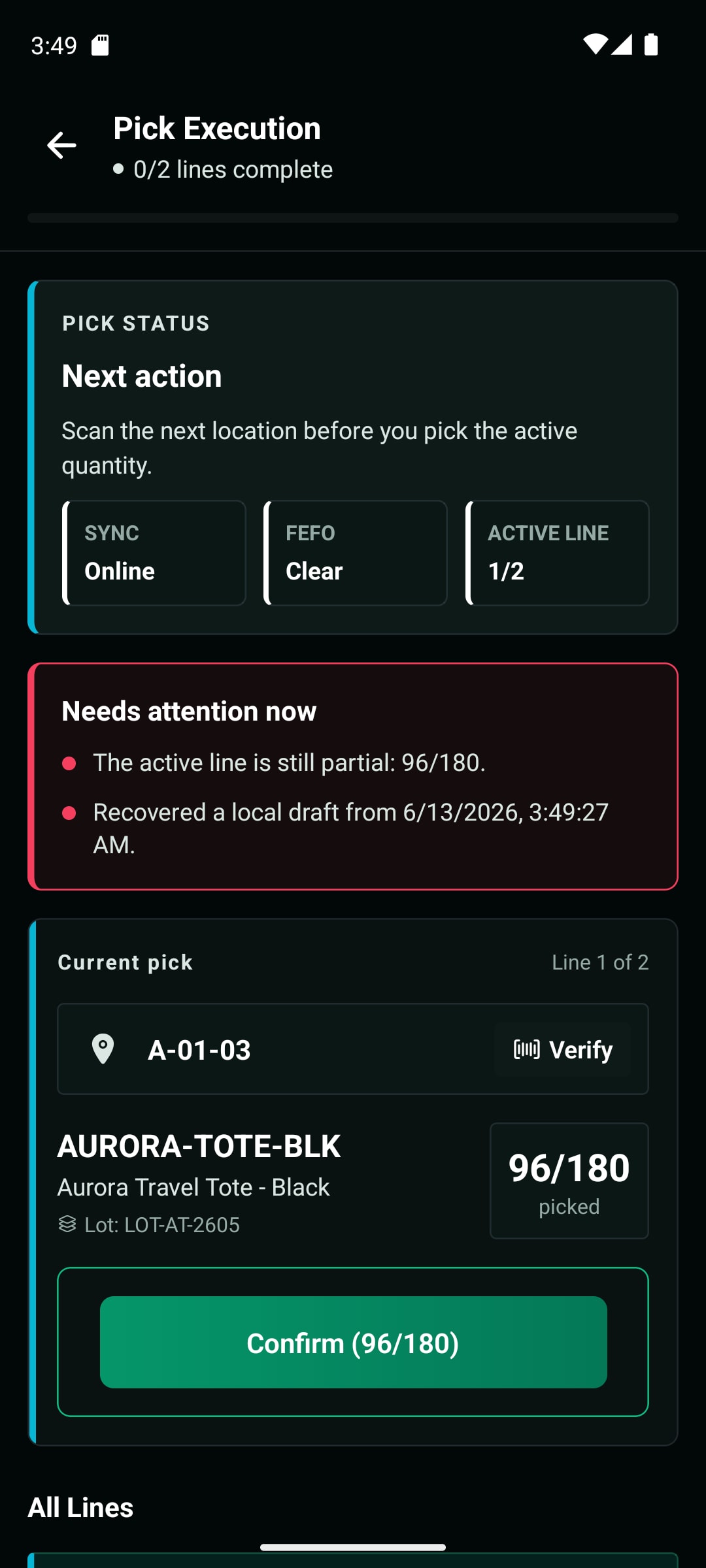 WarePulse mobile app pick execution screen with active line progress and scan actions