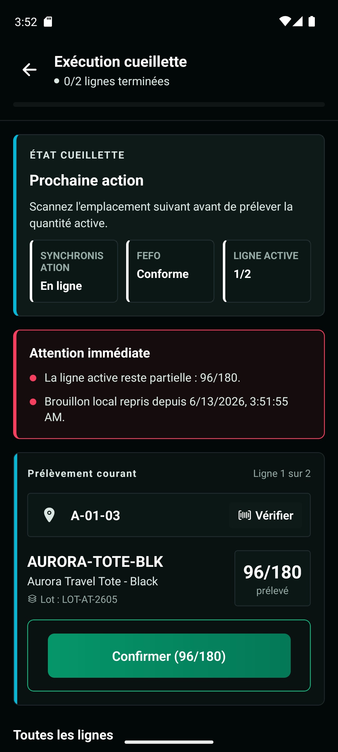 Application mobile WarePulse avec exécution de cueillette, progression de ligne et scan