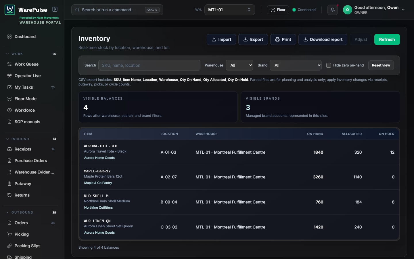 WarePulse operator inventory portal with stock controls, warehouse filters, and visible balances
