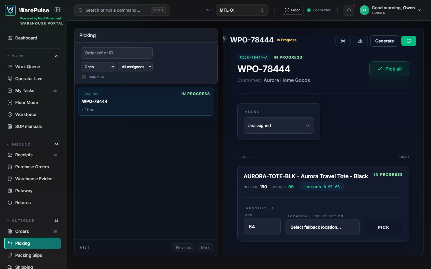 WarePulse picking workspace with active pick tasks, warehouse filters, and execution actions